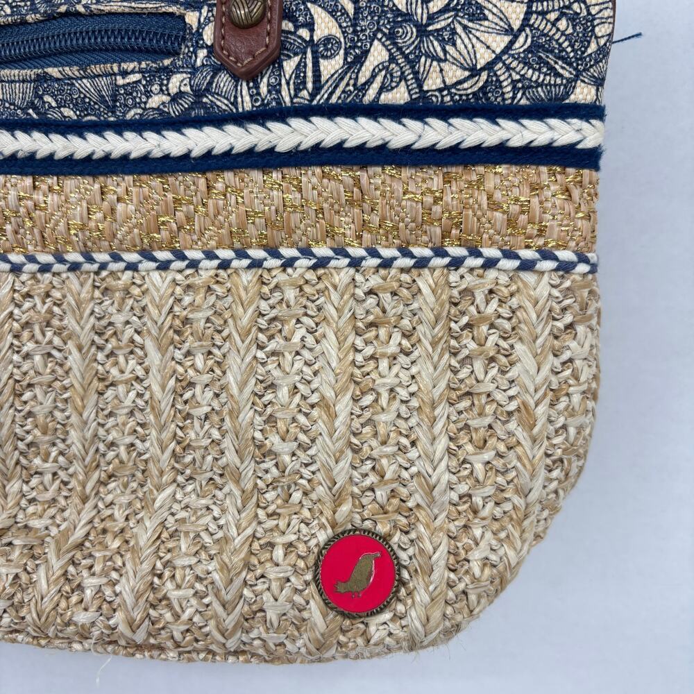 Sakroots Ellis Straw Satchel Shoulder Bag Blue Floral Boho Leather Trim Handbag - Picture 7 of 11